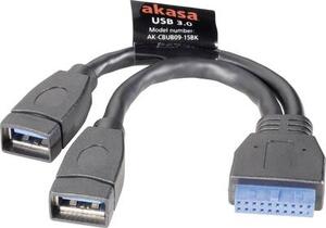 USB 3.0 adapter kábel, 19 pólusú, 2 x USB A aljzat, 15 cm, Akasa AK-CBUB09-15BK