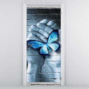 Fotótapéta ajtóra - Kék pillangó a falon (95x205cm)