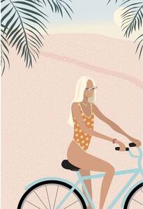 Illusztráció Surfer girl in bikini on bicycle, LucidSurf