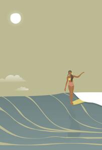 Illusztráció Surfer girl full moon retro style vector, LucidSurf