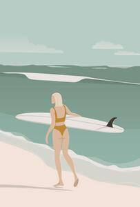 Illusztráció Surfer Girl Walking on the Beach,, LucidSurf