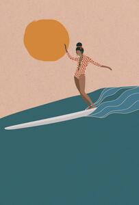 Illusztráció Female Longboard Surfer riding the wave,, LucidSurf