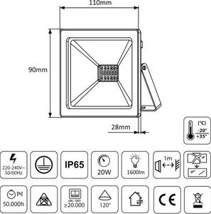 Naświetlacz Maclean Naświetlacz LED slim 20W, 1600lm Neutral White (4000K) Maclean Energy MCE520 NW, IP65, PREMIUM