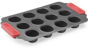 Lékué Non-Stick Mini Muffins Mould tapadásmentes mini muffin sütőforma, 12db muffinhoz, acél, szilikon piros fogantyúk, szürke - 887406