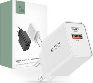 Tech-Protect NC30W hálózati töltő adapter USB-A + Type-C aljzat, PD30W, QC3 fehér (9490713935194)