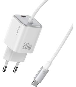 Usams JC Mini Hálózati Töltő Type-C Aljzat 20W, Gan + Fix Type-C Kábel, Fehér