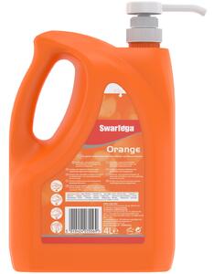 SCJP Swarfega Orange Heavy Duty ipari kézmosó közepesen makacs olajos, zsíros szennyeződésekre, kukoricacsutka őrleménnyel, narancs illat, erős tisztítóhatás: 4/5, 4L pumpás kanna