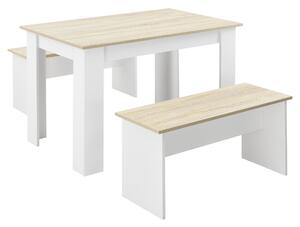 Asztal-pad szett 4 fő részére étkezőasztal 110 x 70 cm két paddal fehér/tölgyfa