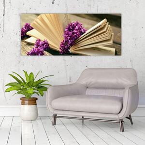 Kép egy könyvröl és a lila virágok (120x50 cm)
