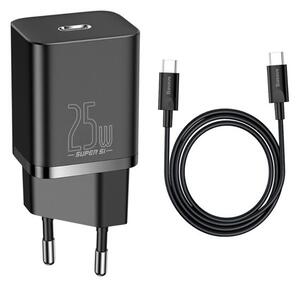 BASEUS hálózati töltő Type-C aljzat (10V / 3000mA, 25W, PD gyorstöltés támogatás + Type-C kábel) FEKETE (CCCJG25CE_B)