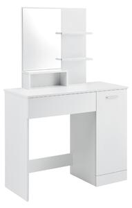 Fésülködő asztal tükörrel ajtós szekrénykével fiókkal és polcokkal sminkasztal 138 x 90 x 38 cm forgácslap fehér