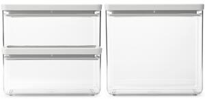BRABANTIA tárolóedény készlet. 3db-os. 2x1.5L/1x3.5L. egymásra rakható. légmentes záródás. szögletes. világosszürke. átlátszó műanyag tartály - 230806