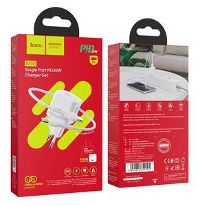 HOCO N10 STARTER hálózati töltő Type-C aljzat (5V/3000mA, 20W, PD gyorstöltés, QC 3.0 + Type-C - lightning 8pin) FEHÉR (N10_TYPE_C)
