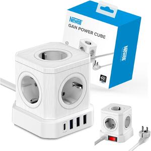 NEWELL GaN Power Cube 9 in 1 töltő / hosszabító, 9 készülékhez, 5 konnektor + 3 USB-A port + 1 USB-C port, 4000W, fehér