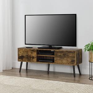 TV-állvány Eskilstuna 120 x 29,5 x 46,5 cm TV-szekrény polccal tévéasztal ajtóval forgácslap tömör fa lábakkal fa-hatású, sötét árnyalat