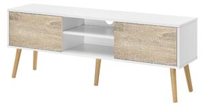 TV-állvány Eskilstuna WE 120 x 29,5 x 46,5 cm TV-szekrény polccal tévéasztal ajtóval forgácslap tömör fa lábakkal fehér/tölgyfa-hatású