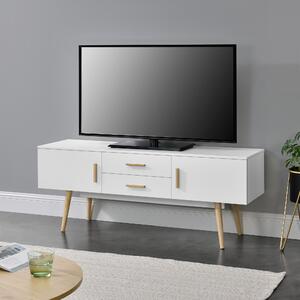 TV-állvány 140 x 40 x 56 cm TV-szekrény 2 szekrényajtóval és 2 fiókkal fa tartólábakkal komód forgácslap fehér