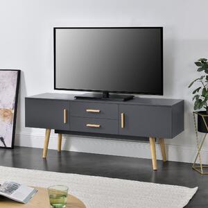 TV-állvány 140 x 40 x 56 cm TV-szekrény 2 szekrényajtóval és 2 fiókkal fa tartólábakkal komód forgácslap sötétszürke
