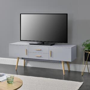 TV-állvány 140 x 40 x 56 cm TV-szekrény 2 szekrényajtóval és 2 fiókkal fa tartólábakkal komód forgácslap világosszürke