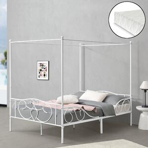 Baldachinos ágy hideghabos matraccal Finström 140 x 200 cm acél kétszemélyes ágy matt fehér