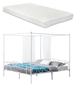 Baldachinos ágy hideghabos matraccal Finström 180 x 200 cm acél kétszemélyes ágy matt fehér