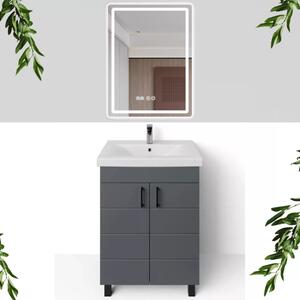 HD HÉRA 65 cm széles álló fürdőszobai mosdószekrény, sötét szürke, fekete kiegészítőkkel, 2 soft close ajtóval, szögletes kerámia mosdóval és LED okostükörrel