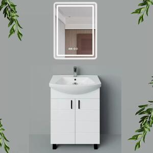 HD MART 55 cm széles álló fürdőszobai mosdószekrény, fényes fehér, fekete kiegészítőkkel, 2 soft close ajtóval, íves kerámia mosdóval és LED okostükörrel