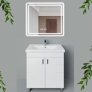 HD HÉRA 85 cm széles álló fürdőszobai mosdószekrény, fényes fehér, króm kiegészítőkkel, 2 soft close ajtóval, szögletes kerámia mosdóval és LED okostükörrel