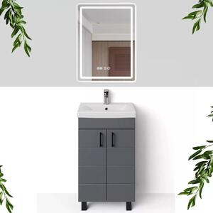 HD HÉRA 50 cm széles álló fürdőszobai mosdószekrény, sötét szürke, fekete kiegészítőkkel, 2 soft close ajtóval, szögletes kerámia mosdóval és LED okostükörrel
