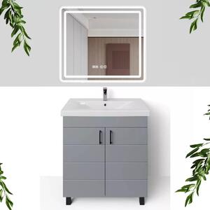 HD HÉRA 85 cm széles álló fürdőszobai mosdószekrény, világos szürke, fekete kiegészítőkkel, 2 soft close ajtóval, szögletes kerámia mosdóval és LED okostükörrel