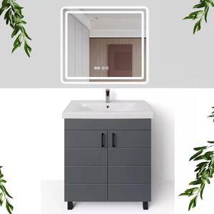 HD HÉRA 85 cm széles álló fürdőszobai mosdószekrény, sötét szürke, fekete kiegészítőkkel, 2 soft close ajtóval, szögletes kerámia mosdóval és LED okostükörrel