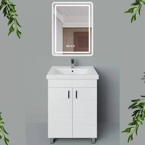 HD HÉRA 65 cm széles álló fürdőszobai mosdószekrény, fényes fehér, króm kiegészítőkkel, 2 soft close ajtóval, szögletes kerámia mosdóval és LED okostükörrel