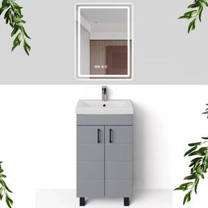 HD HÉRA 50 cm széles álló fürdőszobai mosdószekrény, világos szürke, fekete kiegészítőkkel, 2 soft close ajtóval, szögletes kerámia mosdóval és LED okostükörrel