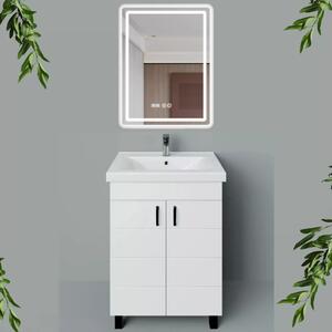 HD HÉRA 65 cm széles álló fürdőszobai mosdószekrény, fényes fehér, fekete kiegészítőkkel, 2 soft close ajtóval, szögletes kerámia mosdóval és LED okostükörrel