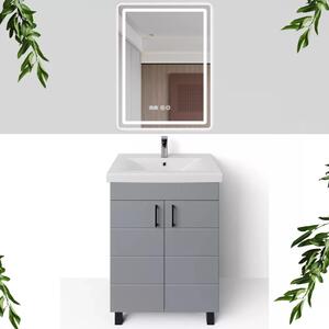 HD HÉRA 65 cm széles álló fürdőszobai mosdószekrény, világos szürke, fekete kiegészítőkkel, 2 soft close ajtóval, szögletes kerámia mosdóval és LED okostükörrel