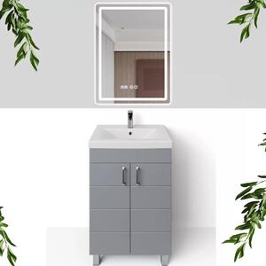 HD HÉRA 55 cm széles álló fürdőszobai mosdószekrény, világos szürke, króm kiegészítőkkel, 2 soft close ajtóval, szögletes kerámia mosdóval és LED okostükörrel