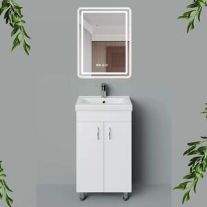 HD LIGHT 50 cm széles álló fürdőszobai mosdószekrény, fényes fehér, króm kiegészítőkkel, 2 ajtóval, szögletes kerámia mosdóval és LED okostükörrel