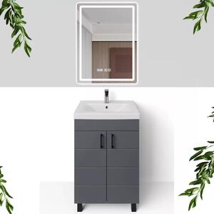 HD HÉRA 55 cm széles álló fürdőszobai mosdószekrény, sötét szürke, fekete kiegészítőkkel, 2 soft close ajtóval, szögletes kerámia mosdóval és LED okostükörrel