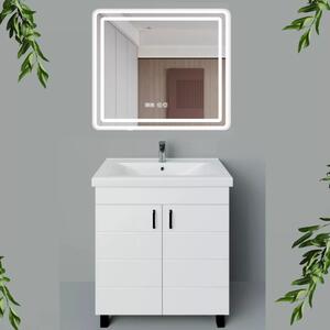 HD HÉRA 85 cm széles álló fürdőszobai mosdószekrény, fényes fehér, fekete kiegészítőkkel, 2 soft close ajtóval, szögletes kerámia mosdóval és LED okostükörrel