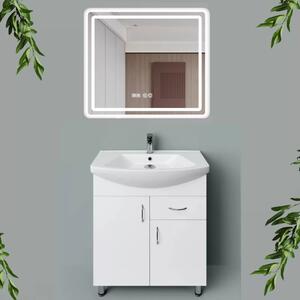 HD STANDARD 75 cm széles álló fürdőszobai mosdószekrény, fényes fehér, króm kiegészítőkkel, 2 ajtóval és 1 fiókkal, íves kerámia mosdóval és LED okostükörrel