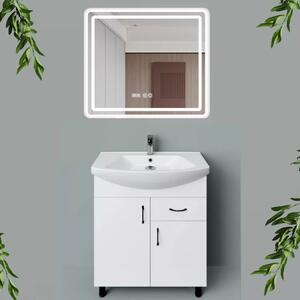 HD STANDARD 75 cm széles álló fürdőszobai mosdószekrény, fényes fehér, fekete kiegészítőkkel, 2 ajtóval és 1 fiókkal, íves kerámia mosdóval és LED okostükörrel