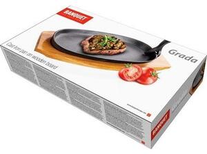 Banquet Grada grill serpenyő, öntöttvas, fa állvány, 23 x 14 cm