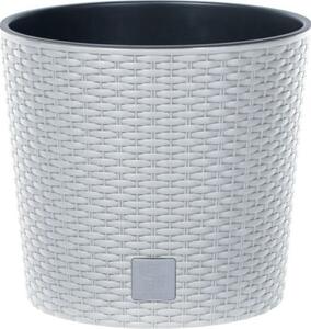 Rattan virágcserép, Prosperplast Rato Round 300, fehér, átmérő: 30 cm, magasság: 27 cm, betéttel, 15 / 15,3 l, rattan hatású, kerek