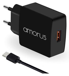 AMORUS K6 hálózati töltő USB aljzat (5V / 3000mA, PD gyorstöltés támogatás + Type-C kábel) FEKETE (R37G5SNOR11SE3)
