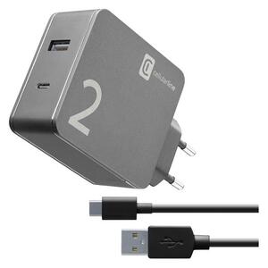 CELLULARLINE hálózati töltő USB / Type-C aljzat (5V / 2000 mAh, 48W, QC gyorstöltés támogatás + Type-C kábel) FEKETE (ACHUSB2KITHOME48WK)