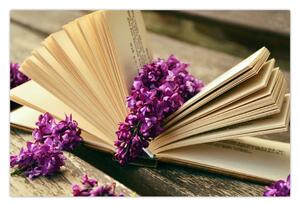 Kép egy könyvröl és a lila virágok (90x60 cm)