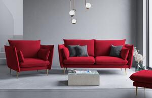 Piros bársony háromszemélyes kanapé MICADONI AGATE 183 cm, arany alappal