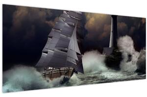Kép - Viharos hullámokon áthajózó hajó (120x50 cm)