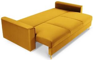 MICADONI LEONA 222 cm-es mustársárga bársony háromszemélyes kanapéágy arany alappal
