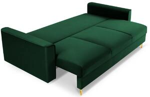 MICADONI LEONA 222 cm-es üveg zöld bársony háromszemélyes kanapéágy arany alappal